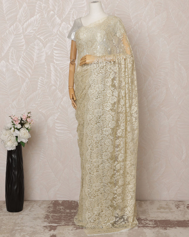 Light Gold Metallic Premium French Chantilly Saree Lace - 5.5 Meters, Floral Design, 110 cm Width-D20770