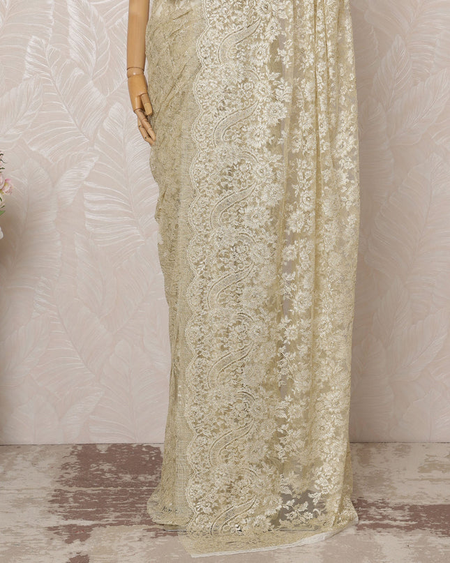 Light Gold Metallic Premium French Chantilly Saree Lace - 5.5 Meters, Floral Design, 110 cm Width-D20770