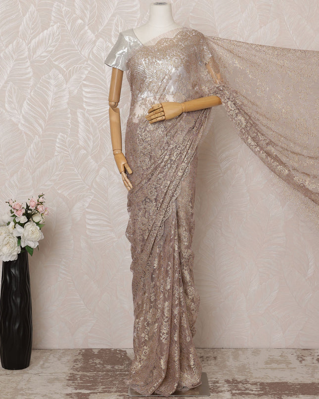 Tea pink Metallic Premium French Chantilly Saree Lace - 5.5 Meters, Floral Design, 110 cm Width-D20771