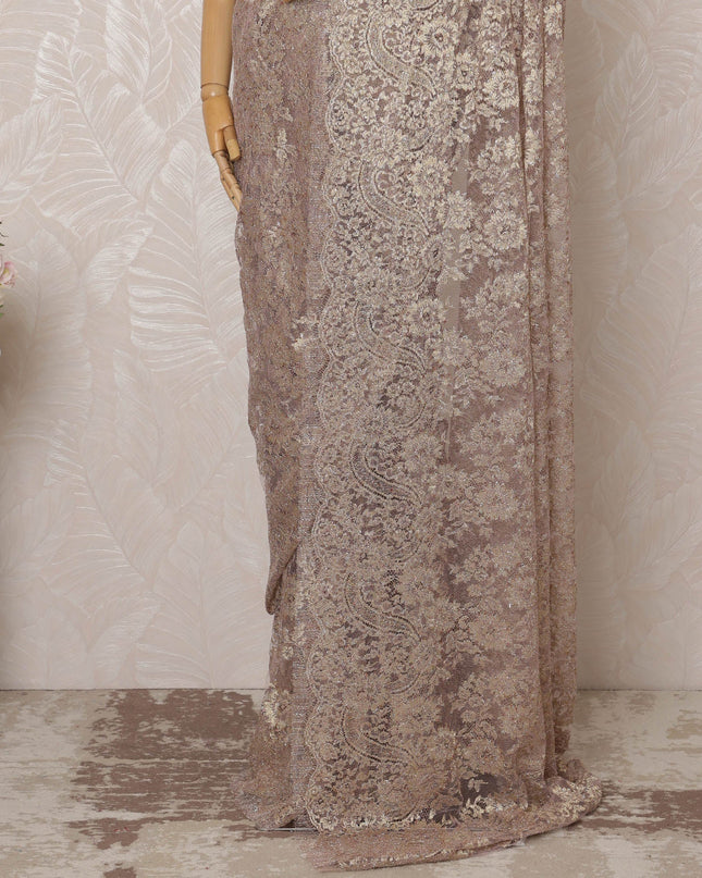 Tea pink Metallic Premium French Chantilly Saree Lace - 5.5 Meters, Floral Design, 110 cm Width-D20771