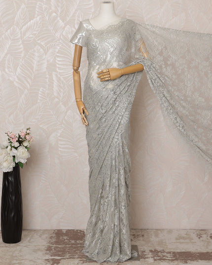 Grey Metallic Premium French Chantilly Saree Lace - 5.5 Meters, Floral Design, 110 cm Width-D20772