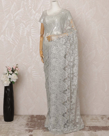 Grey Metallic Premium French Chantilly Saree Lace - 5.5 Meters, Floral Design, 110 cm Width-D20772