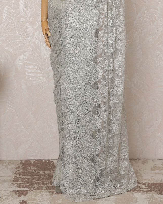 Grey Metallic Premium French Chantilly Saree Lace - 5.5 Meters, Floral Design, 110 cm Width-D20772