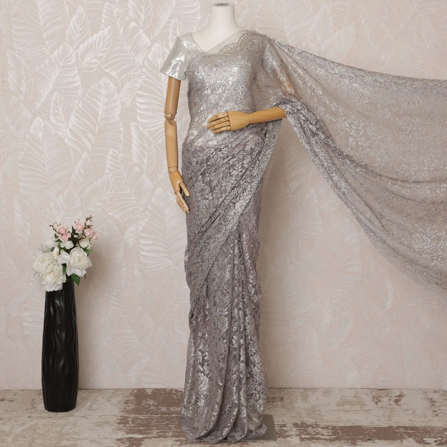 Mauve Metallic Premium French Chantilly Saree Lace - 5.5 Meters, Floral Design, 110 cm Width-D20775 Regal Fabrics