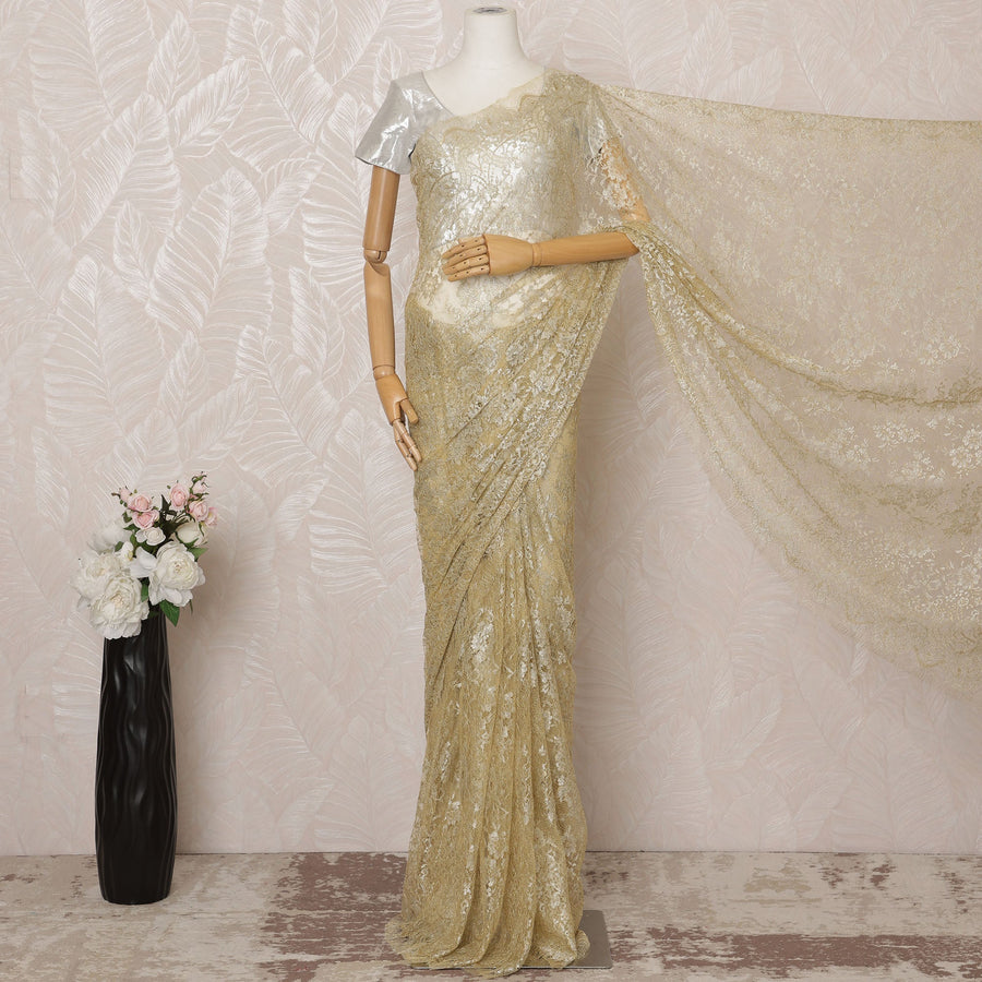 Light Gold Metallic Premium French Chantilly Saree Lace - 5.5 Meters, Floral Design, 110 cm Width-D20777