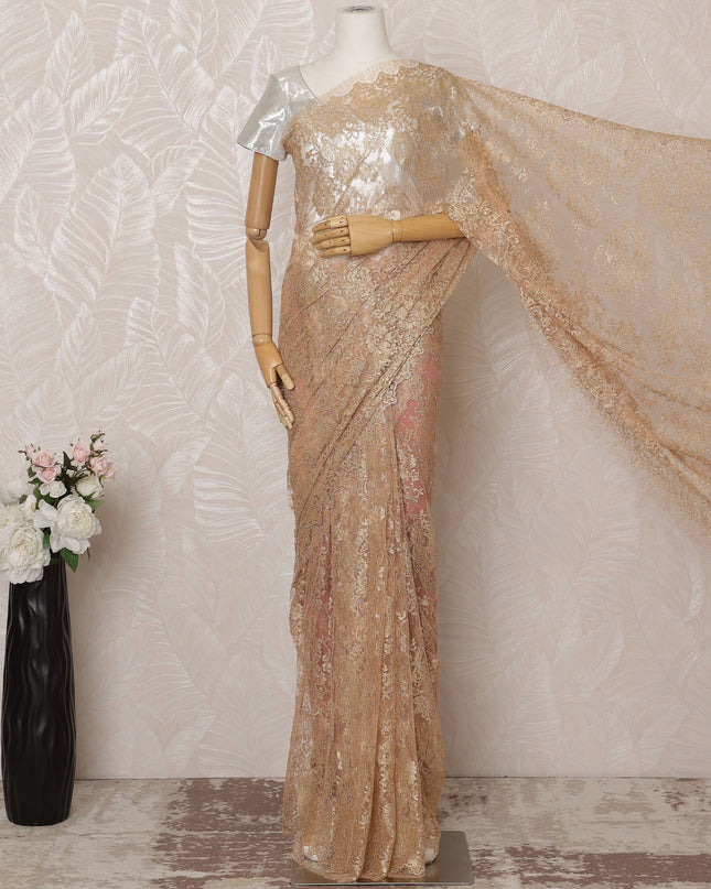 Peach Metallic Premium French Chantilly Saree Lace - 5.5 Meters, Floral Design, 110 cm Width-D20779