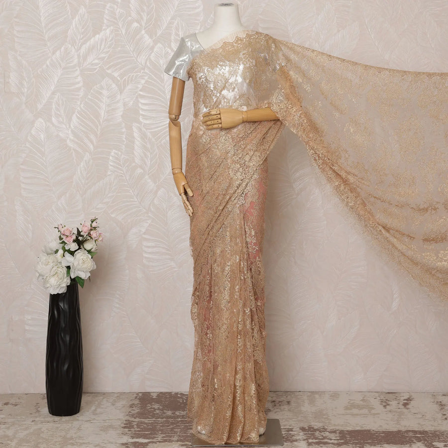 Peach Metallic Premium French Chantilly Saree Lace - 5.5 Meters, Floral Design, 110 cm Width-D20779 Regal Fabrics
