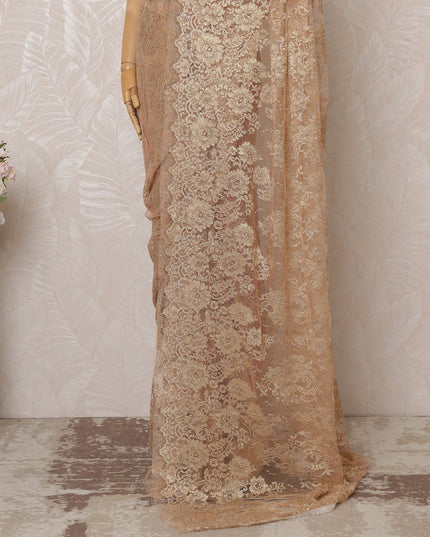 Peach Metallic Premium French Chantilly Saree Lace - 5.5 Meters, Floral Design, 110 cm Width-D20779