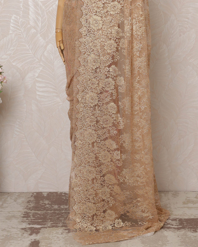 Peach Metallic Premium French Chantilly Saree Lace - 5.5 Meters, Floral Design, 110 cm Width-D20779