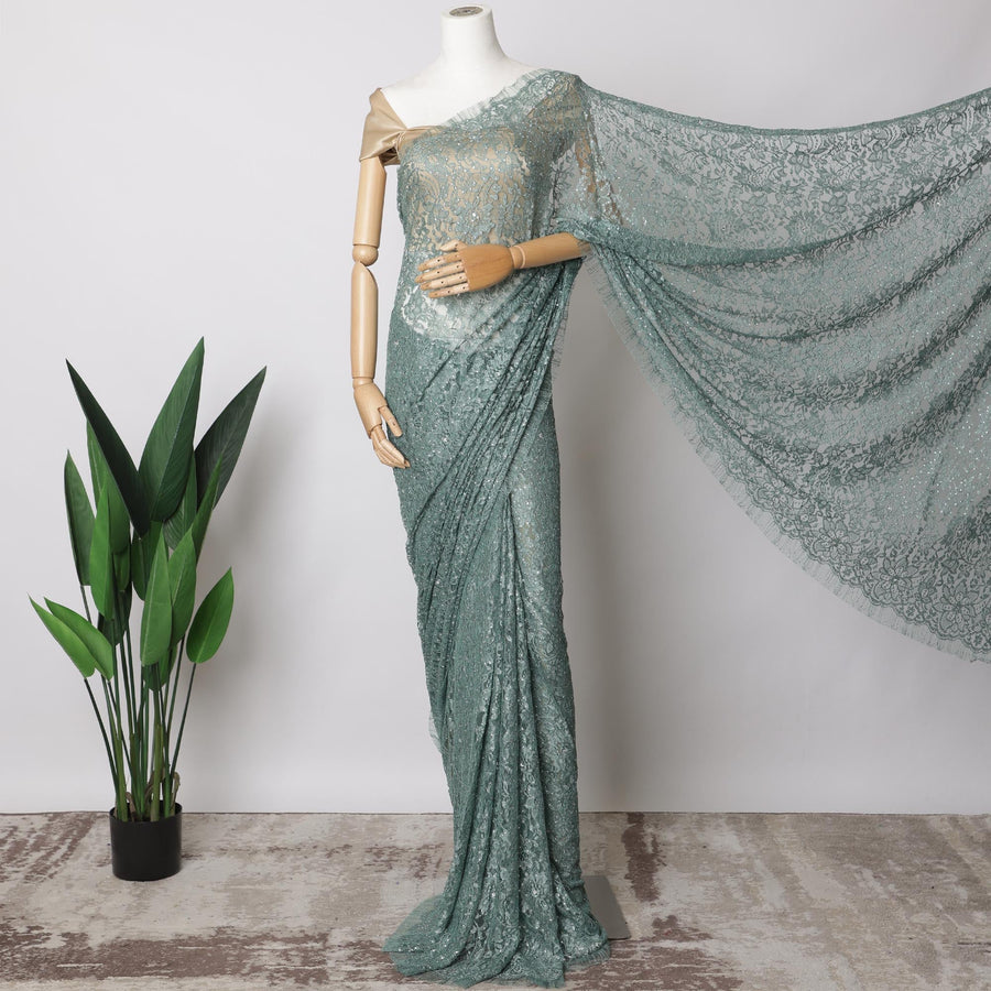 Sage Green French Chantilly Lace Fabric  with stone work– 5.5 Meters, Floral Design, 110 cm Width-D21051 Regal Fabrics