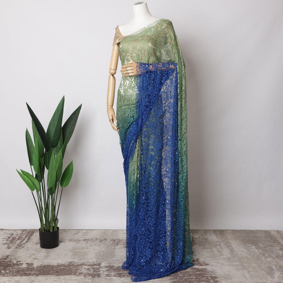 Green and Blue Ombre French Chantilly Lace Fabric with stone work – 5.5 Meters, Floral Design, 110 cm Width-D21055 Regal Fabrics