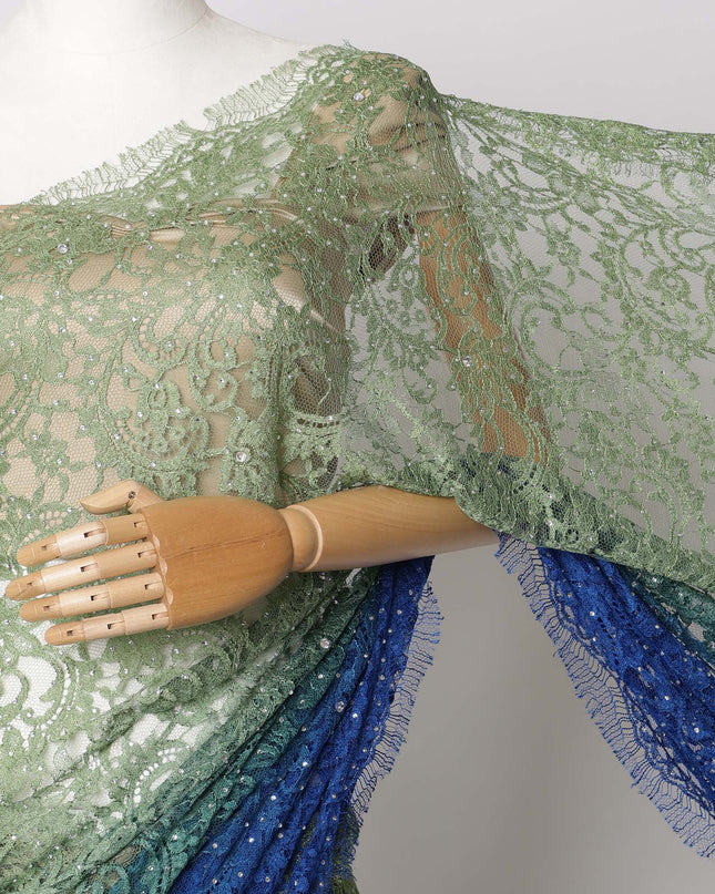 Green and Blue Ombre French Chantilly Lace Fabric with stone work – 5.5 Meters, Floral Design, 110 cm Width-D21055