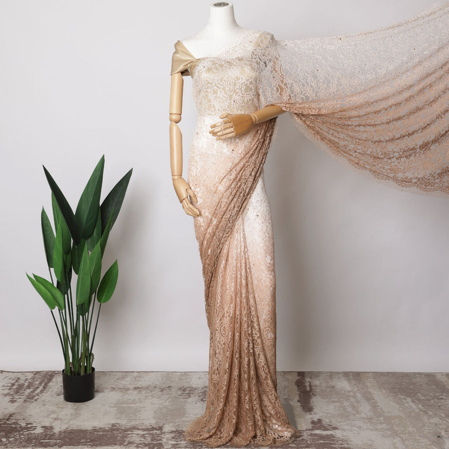 Beige and Camel Brown Ombre French Chantilly Lace Fabric with stone work – 5.5 Meters, Floral Design, 110 cm Width-D21056 Regal Fabrics