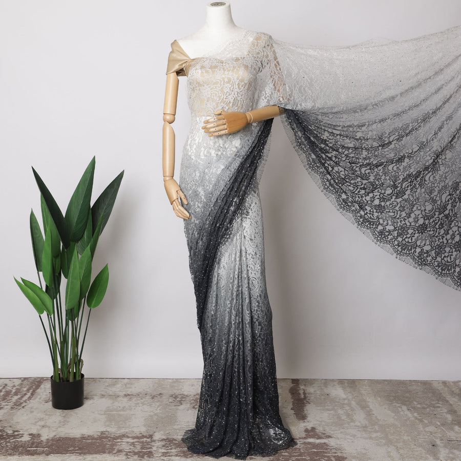 Ivory to Grey Ombre French Chantilly Lace Fabric with stone work – 5.5 Meters, Floral Design, 110 cm Width-D21057