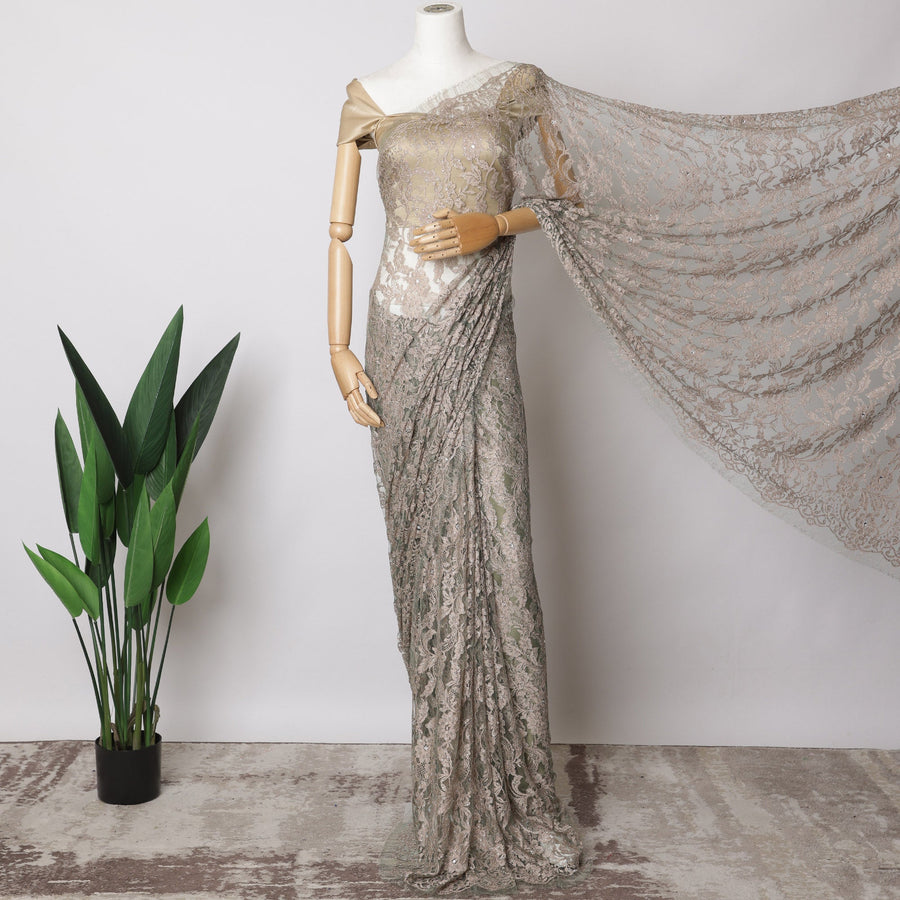 Mauve and Silver Two-Tone French Chantilly Lace Fabric with stone work – 5.5 Meters, Floral Design, 110 cm Width-D21059