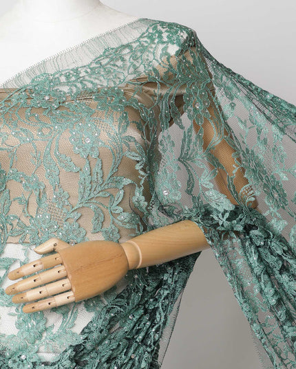 Sea green, Black Two-Tone French Chantilly Lace Fabric with Stone Work – 5.5 Meters, Floral Embroidered Tulle, 110 cm Width-D21061