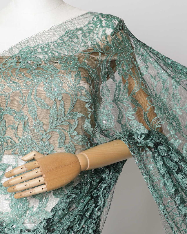 Sea green, Black Two-Tone French Chantilly Lace Fabric with Stone Work – 5.5 Meters, Floral Embroidered Tulle, 110 cm Width-D21061