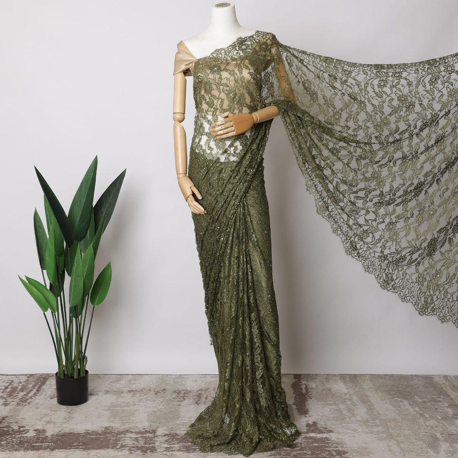 Olive Green French Chantilly Lace Fabric with Stone Work – 5.5 Meters, Floral Embroidered Tulle, 110 cm Width-D21062