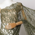 Olive Green French Chantilly Lace Fabric with Stone Work – 5.5 Meters, Floral Embroidered Tulle, 110 cm Width-D21062