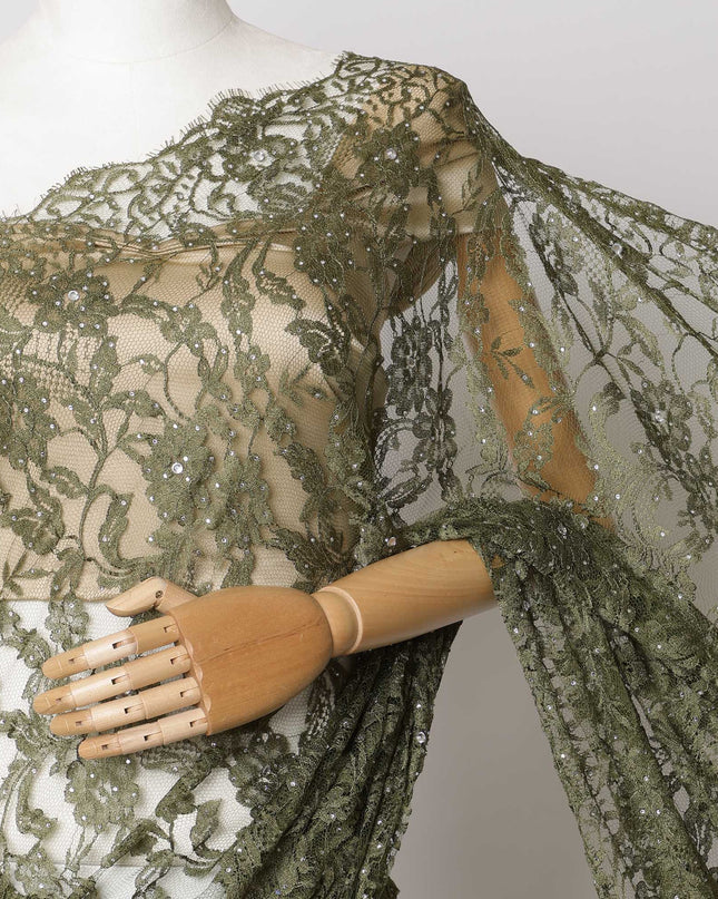 Olive Green French Chantilly Lace Fabric with Stone Work – 5.5 Meters, Floral Embroidered Tulle, 110 cm Width-D21062