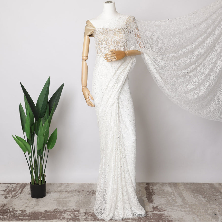 قماش دانتيل شانتيلي فرنسي أبيض مع تطريز حجري – 5.5 متر، تول مطرز بالزهور، عرض 110 سم – D21064