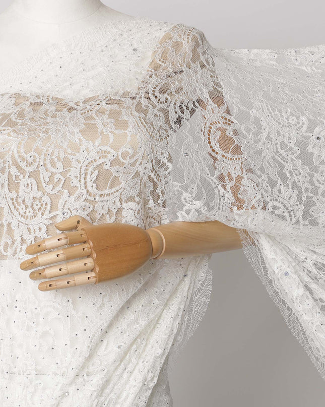 White French Chantilly Lace Fabric with Stone Work – 5.5 Meters, Floral Embroidered Tulle, 110 cm Width-D21064