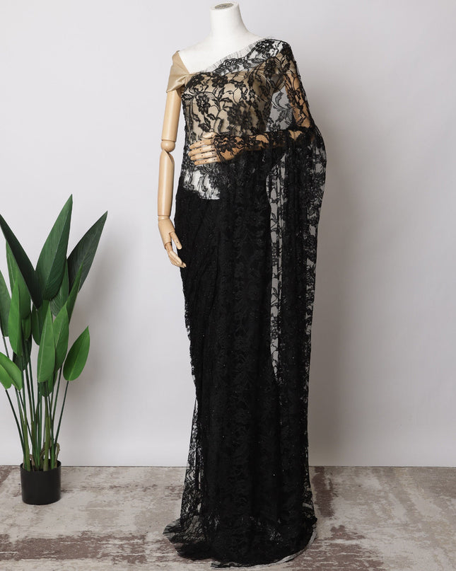 Black French Chantilly Lace Fabric with Stone Work – 5.5 Meters, Floral Embroidered Tulle, 110 cm Width-D21065