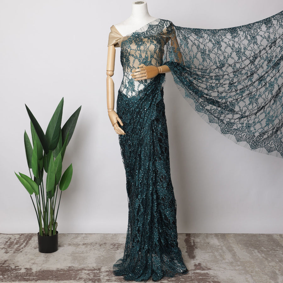 Teal Blue, Black Two-Tone French Chantilly Lace Fabric with Stone Work – 5.5 Meters, Floral Embroidered Tulle, 110 cm Width-D21066