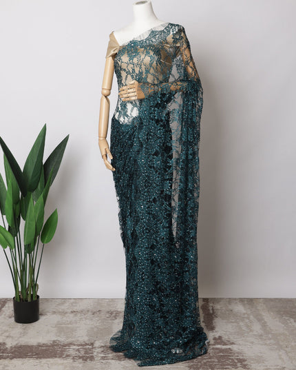 Teal Blue, Black Two-Tone French Chantilly Lace Fabric with Stone Work – 5.5 Meters, Floral Embroidered Tulle, 110 cm Width-D21066