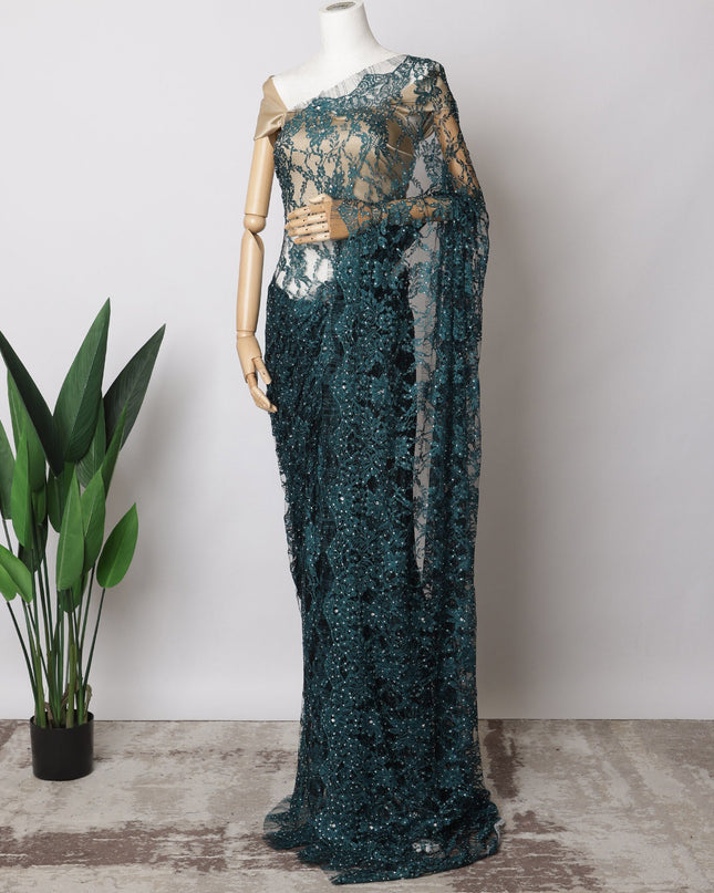 Teal Blue, Black Two-Tone French Chantilly Lace Fabric with Stone Work – 5.5 Meters, Floral Embroidered Tulle, 110 cm Width-D21066