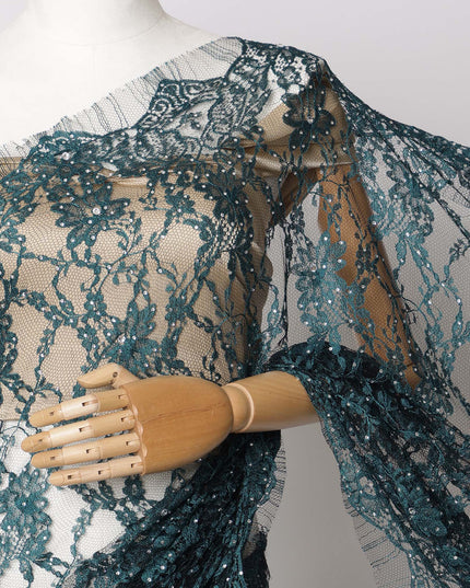 Teal Blue, Black Two-Tone French Chantilly Lace Fabric with Stone Work – 5.5 Meters, Floral Embroidered Tulle, 110 cm Width-D21066