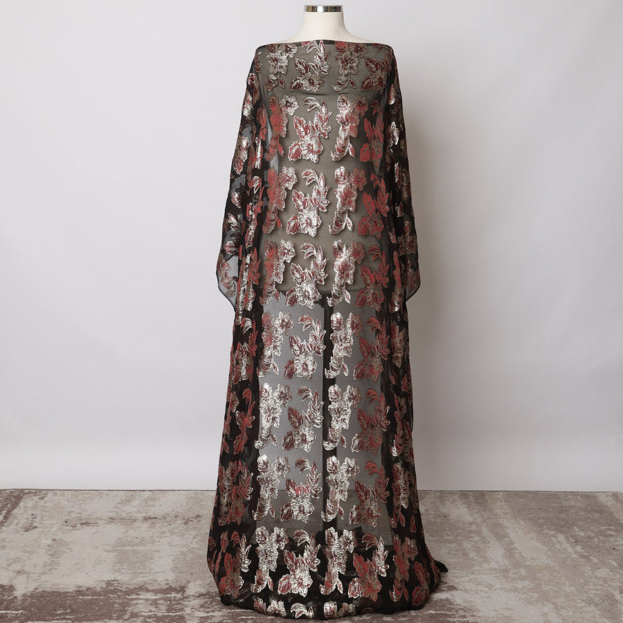 Black Somali Silk Chiffon Dirac Fabric with Red Metallic Lurex, 140 cm Width, 3.5 Meters - South Korea-D21105