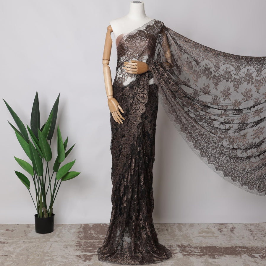 Black, Copper Metallic French Chantilly Lace Fabric, 5.5 Meters X 110 Cms, Premium Lace-D21185