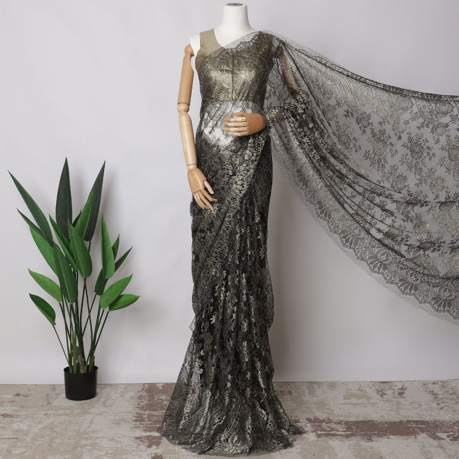 Black, Gold Metallic French Chantilly Lace Fabric, 5.5 Meters X 110 Cms, Premium Lace-D21186