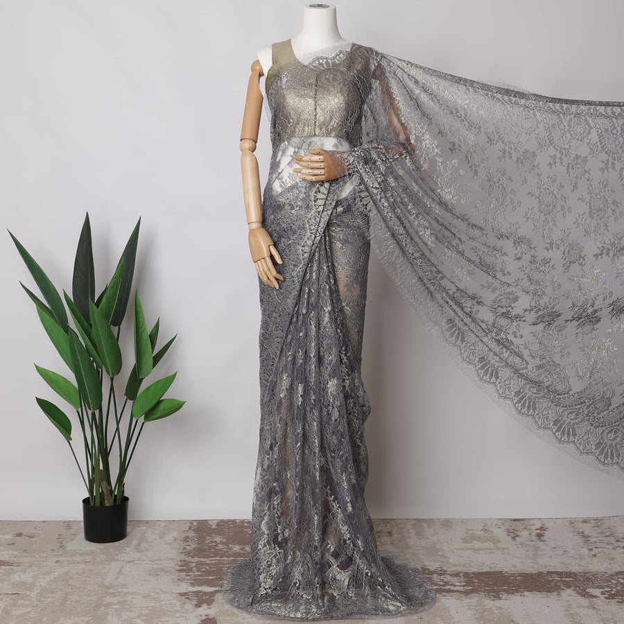 Lavender, Gold Metallic French Chantilly Lace Fabric, 5.5 Meters X 110 Cms, Premium Lace-D21187