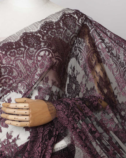 Black, Plum Metallic French Chantilly Lace Fabric, 5.5 Meters X 110 Cms, Premium Lace-D21189