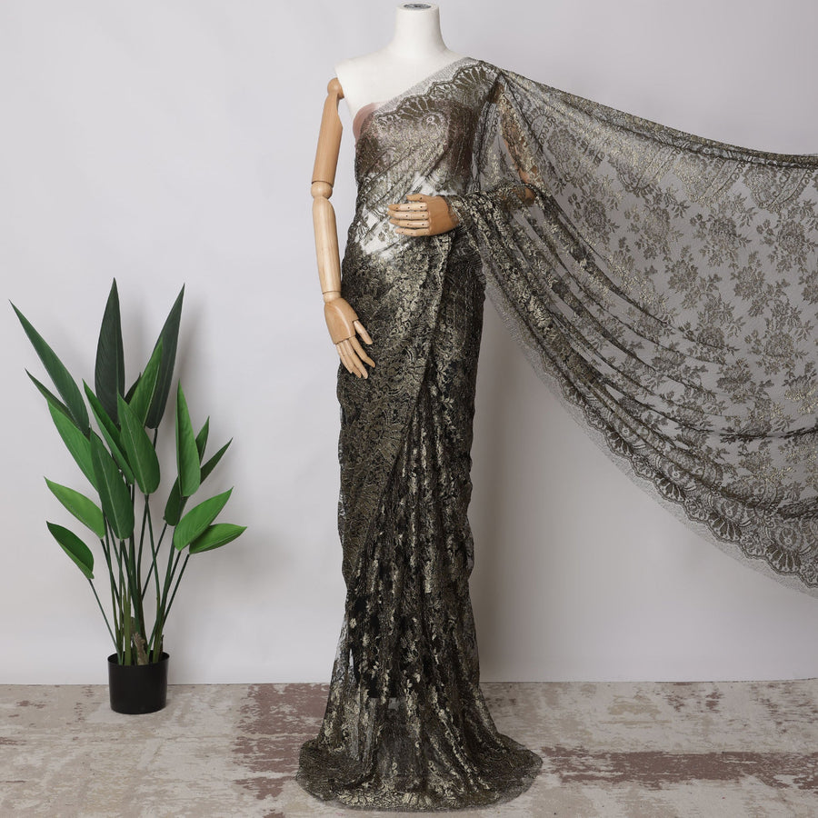 Black, Gold Metallic French Chantilly Lace Fabric, 5.5 Meters X 110 Cms, Premium Lace-D21191