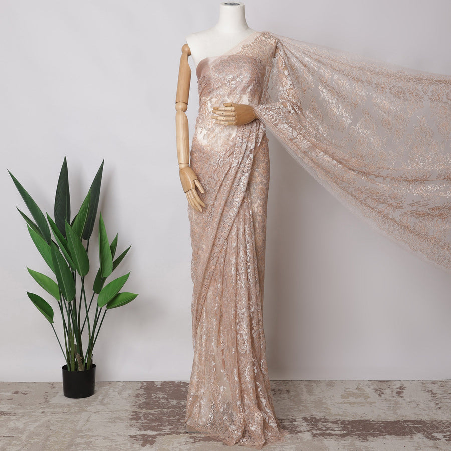 Light Peach Metallic French Chantilly Lace Fabric, 5.5 Meters X 110 Cms, Premium Lace-D21192