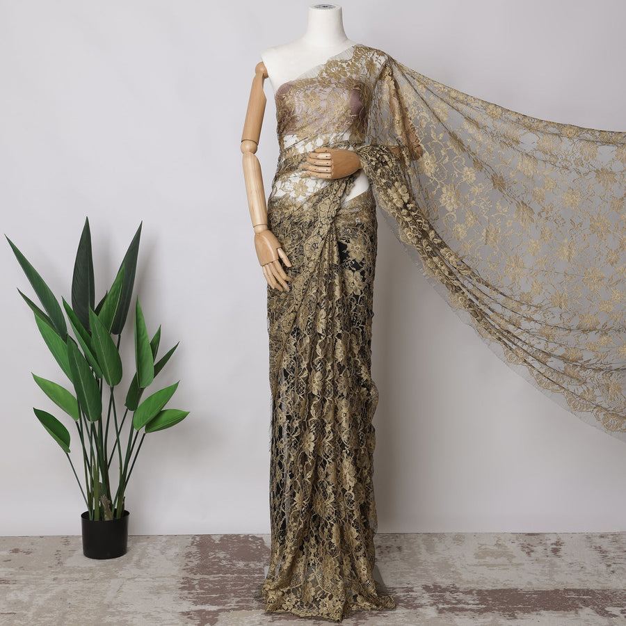 Gold, Black Two-Tone French Chantilly Lace Fabric, 5.5 Meters X 110 Cms, Premium Lace-D21195