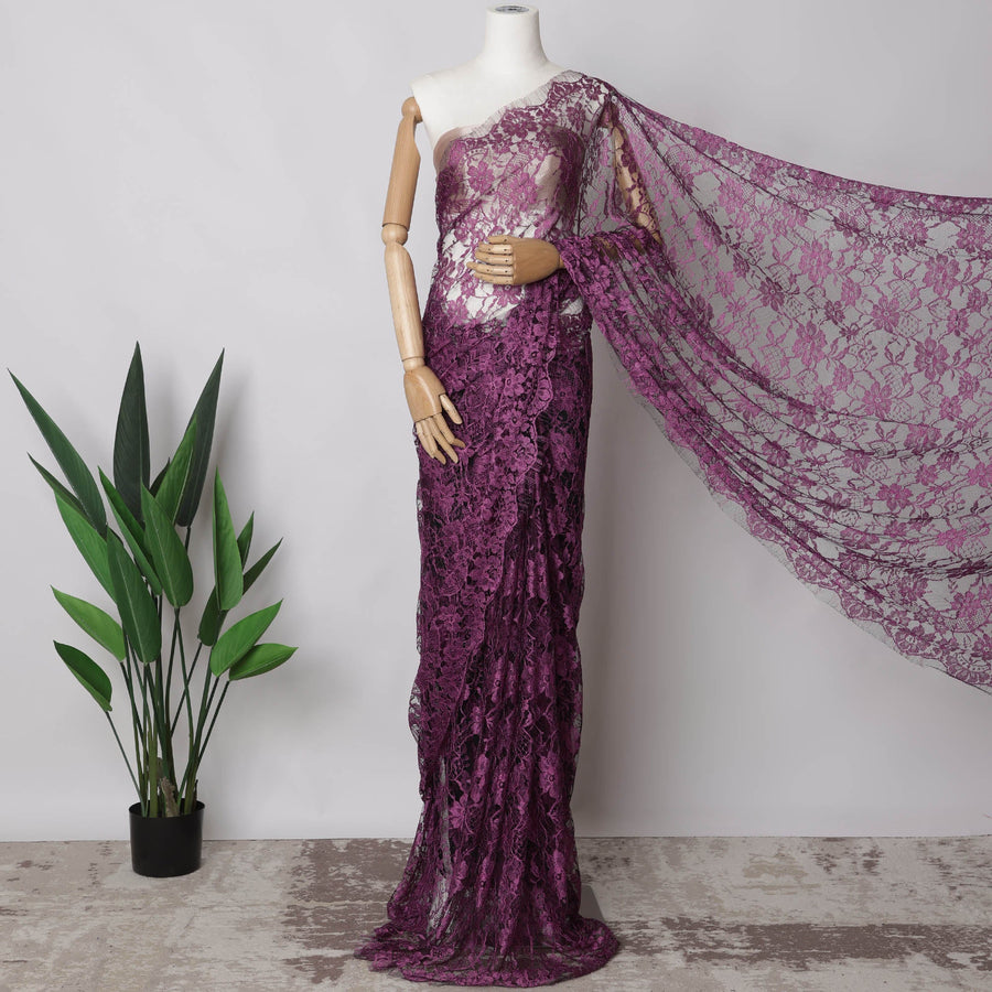 Magenta, black Two-Tone French Chantilly Lace Fabric, 5.5 Meters X 110 Cms, Premium Lace-D21196