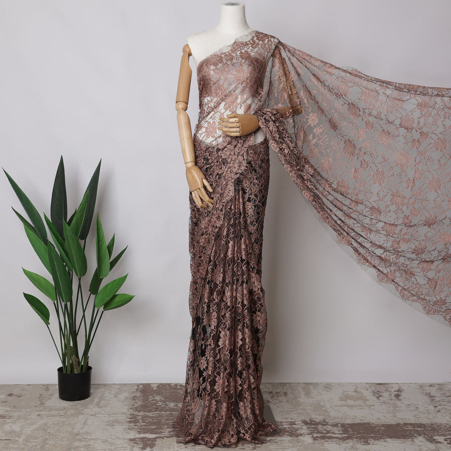 Dusty Rose, Black Two-Tone French Chantilly Lace Fabric, 5.5 Meters X 110 Cms, Premium Lace-D21199