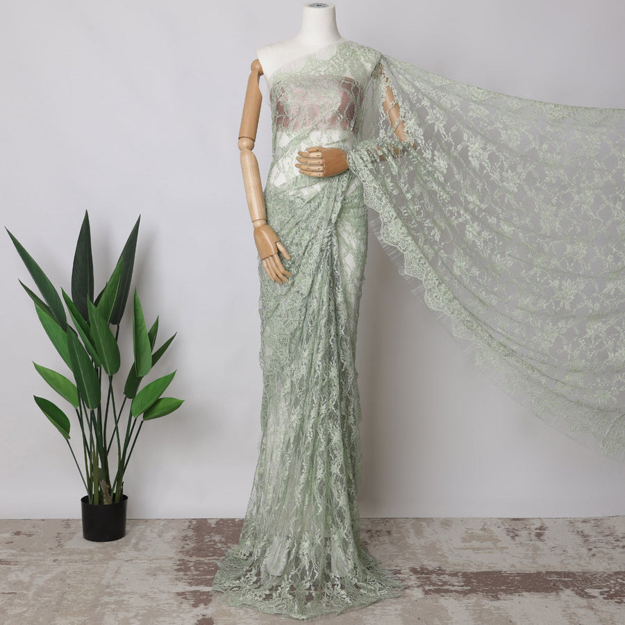 Mint Green, Grey Two-Tone French Chantilly Lace Fabric, 5.5 Meters X 110 Cms, Premium Lace-D21204