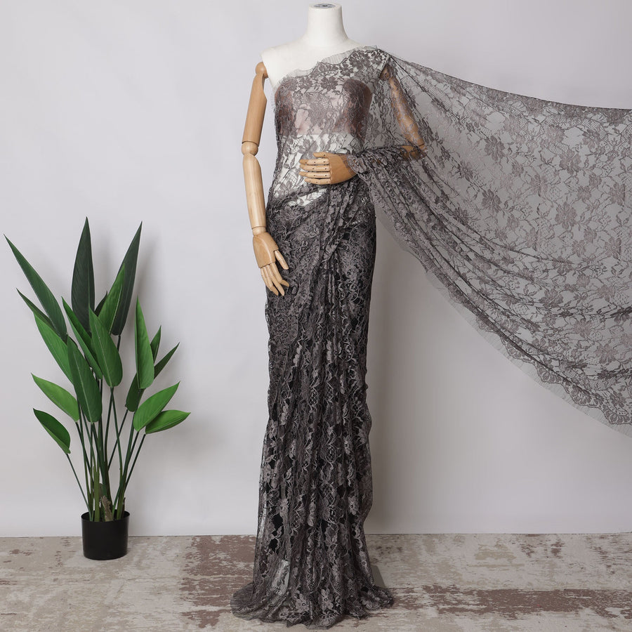 Brownish Grey, black Two-Tone French Chantilly Lace Fabric, 5.5 Meters X 110 Cms, Premium Lace-D21205