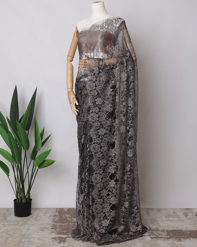 Brownish Grey, black Two-Tone French Chantilly Lace Fabric, 5.5 Meters X 110 Cms, Premium Lace-D21205