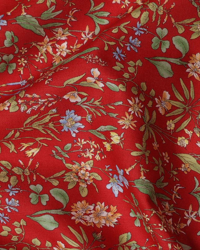 Red Floral Cotton Lawn Digital Print Fabric - 110 cm Width-D21214