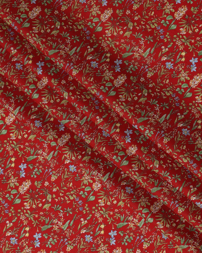 Red Floral Cotton Lawn Digital Print Fabric - 110 cm Width-D21214