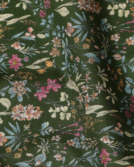 Green Floral Cotton Lawn Digital Print Fabric - 110 cm Width-D21215