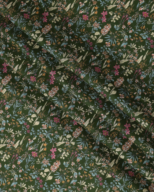 Green Floral Cotton Lawn Digital Print Fabric - 110 cm Width-D21215