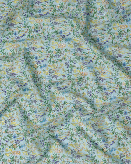 Sky Blue Floral Cotton Lawn Digital Print Fabric - 110 cm Width-D21216