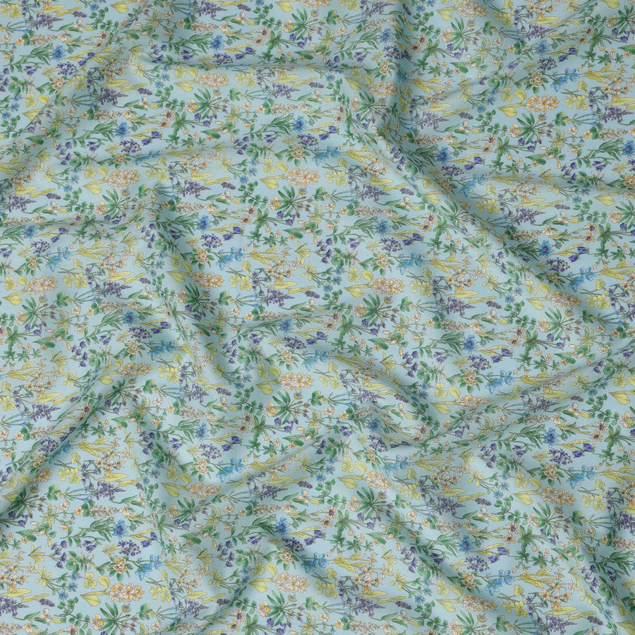 Sky Blue Floral Cotton Lawn Digital Print Fabric - 110 cm Width-D21216